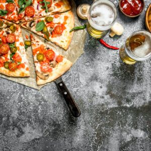 Mexican pizza with cold beer.